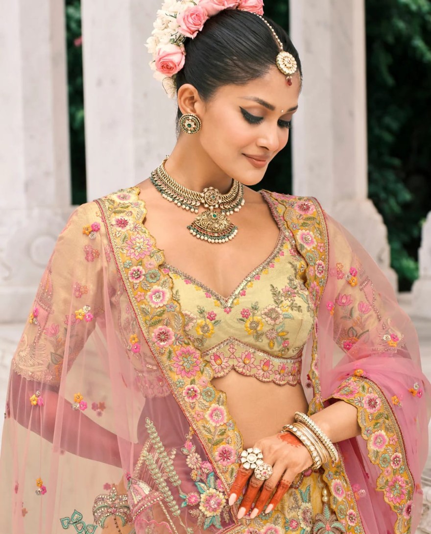 YELLOW - Corn Yellow Fancy Silk Lehenga Choli With Cut Work Embroidery Border & Stone Work